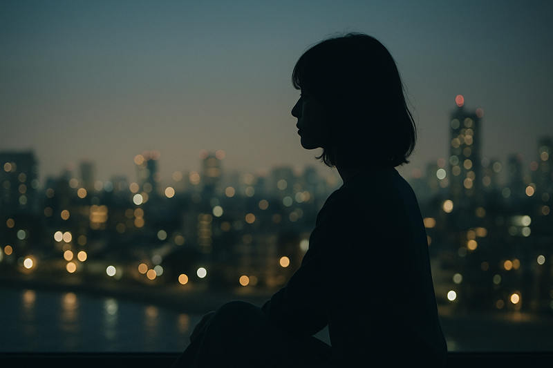 一個女孩在熱鬧的城市中沉思