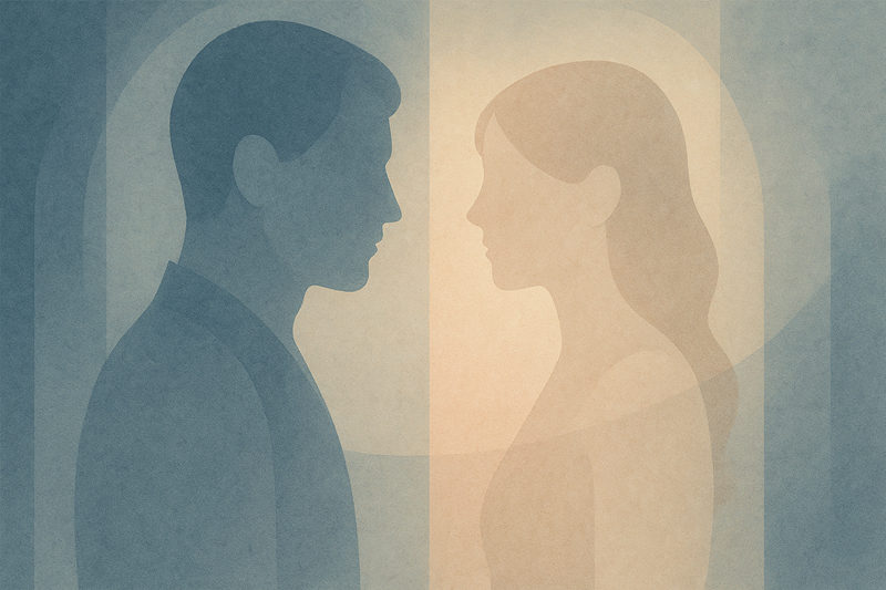 象徵親密關係中距離與界線的光影層疊抽象圖，無具體人物