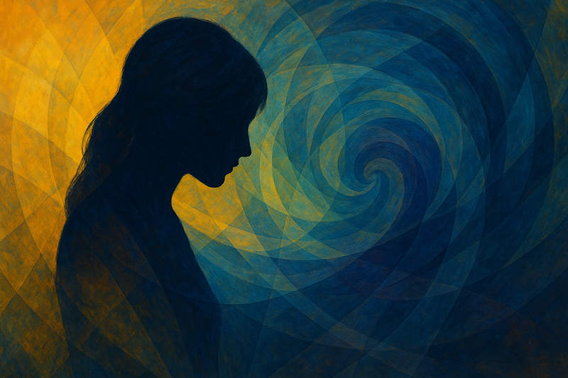抽象光影與漩渦象徵女性在完美與焦慮之間的心理拉扯