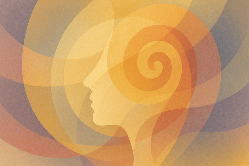 象徵女性焦慮思緒的光影、漩渦、透明層疊色塊圖，無具體人物